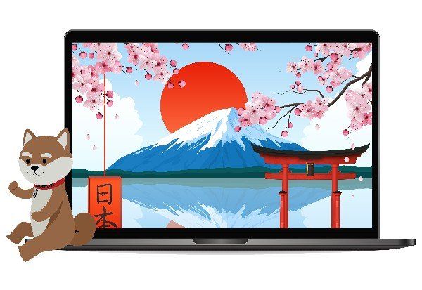 Mobi on laptop with Mt Fuji on the screen