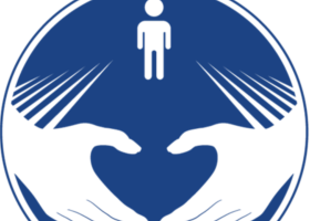 a blue circle with two hands making a heart and a man in the middle
