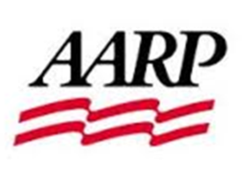 a logo for aarp with red and white stripes