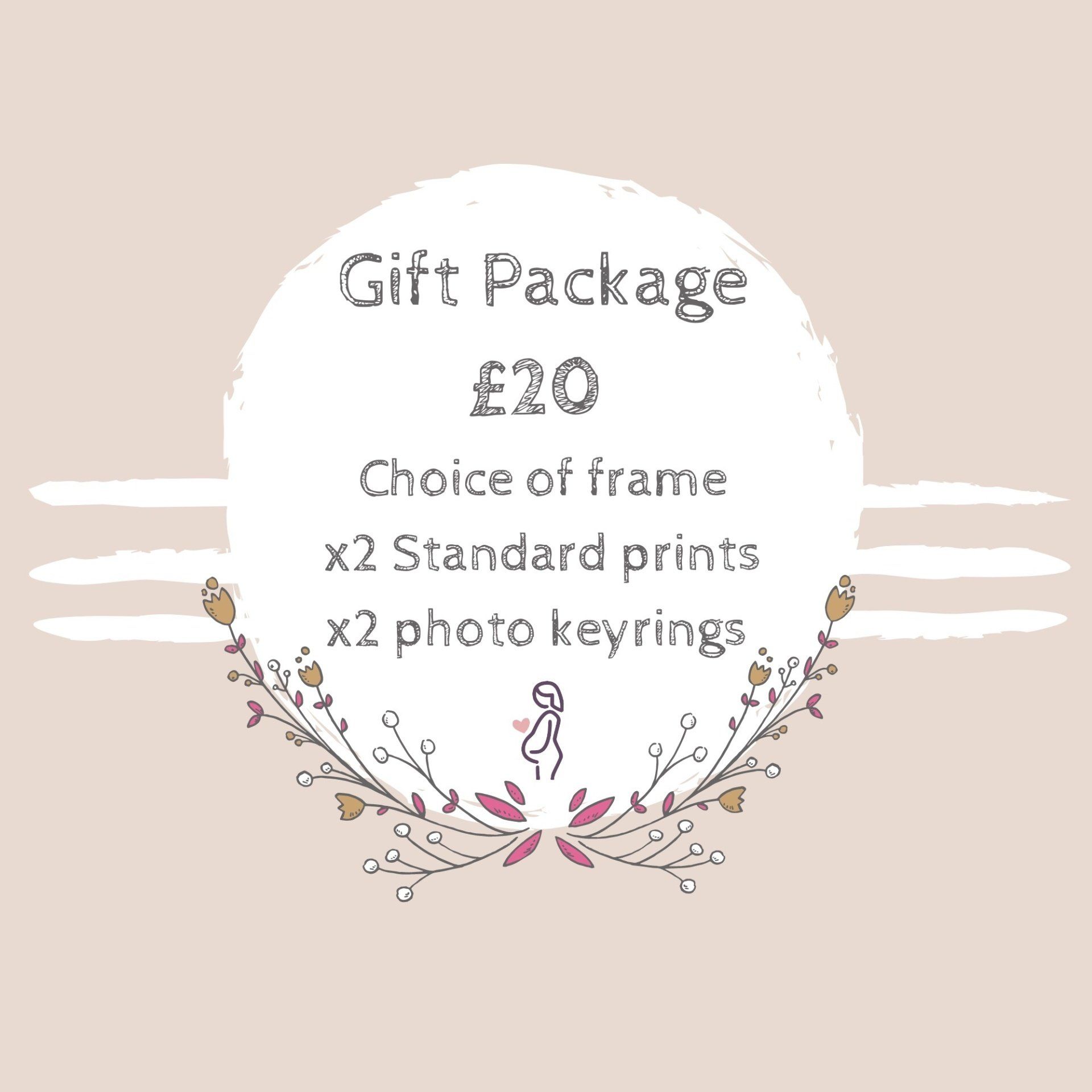 A gift package with a choice of frame , standard prints , and photo keyrings.