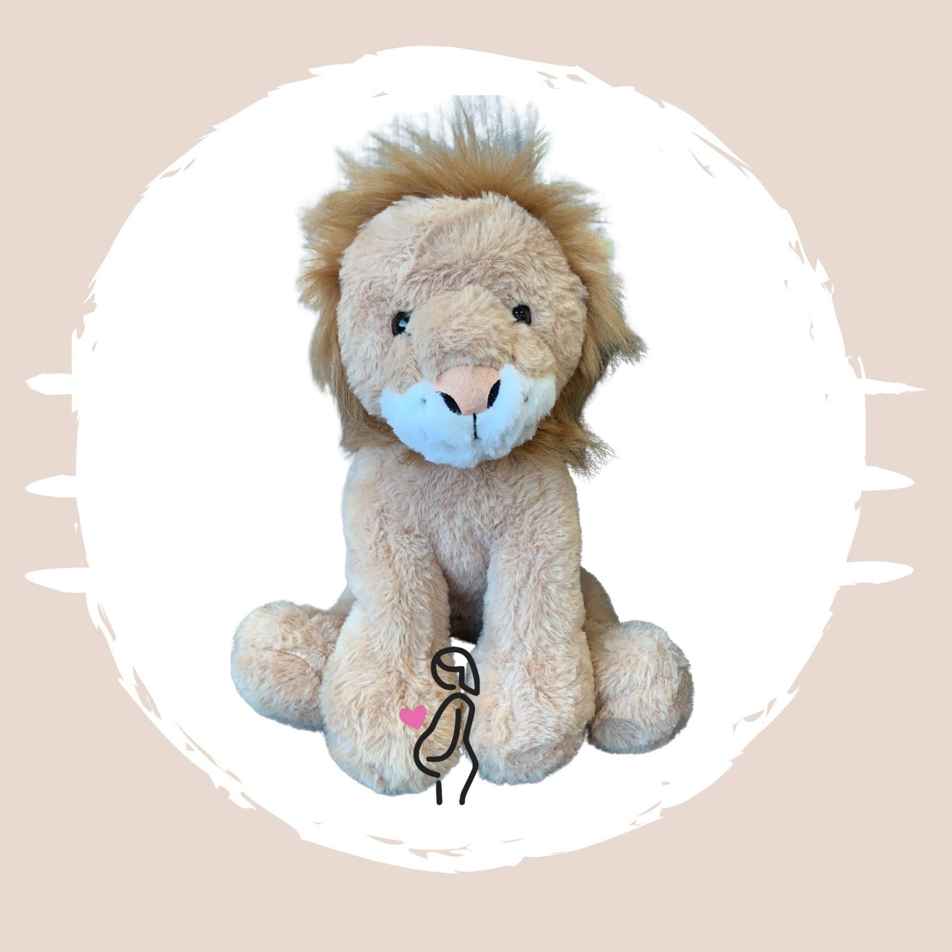 A stuffed lion is sitting in a circle on a white background.