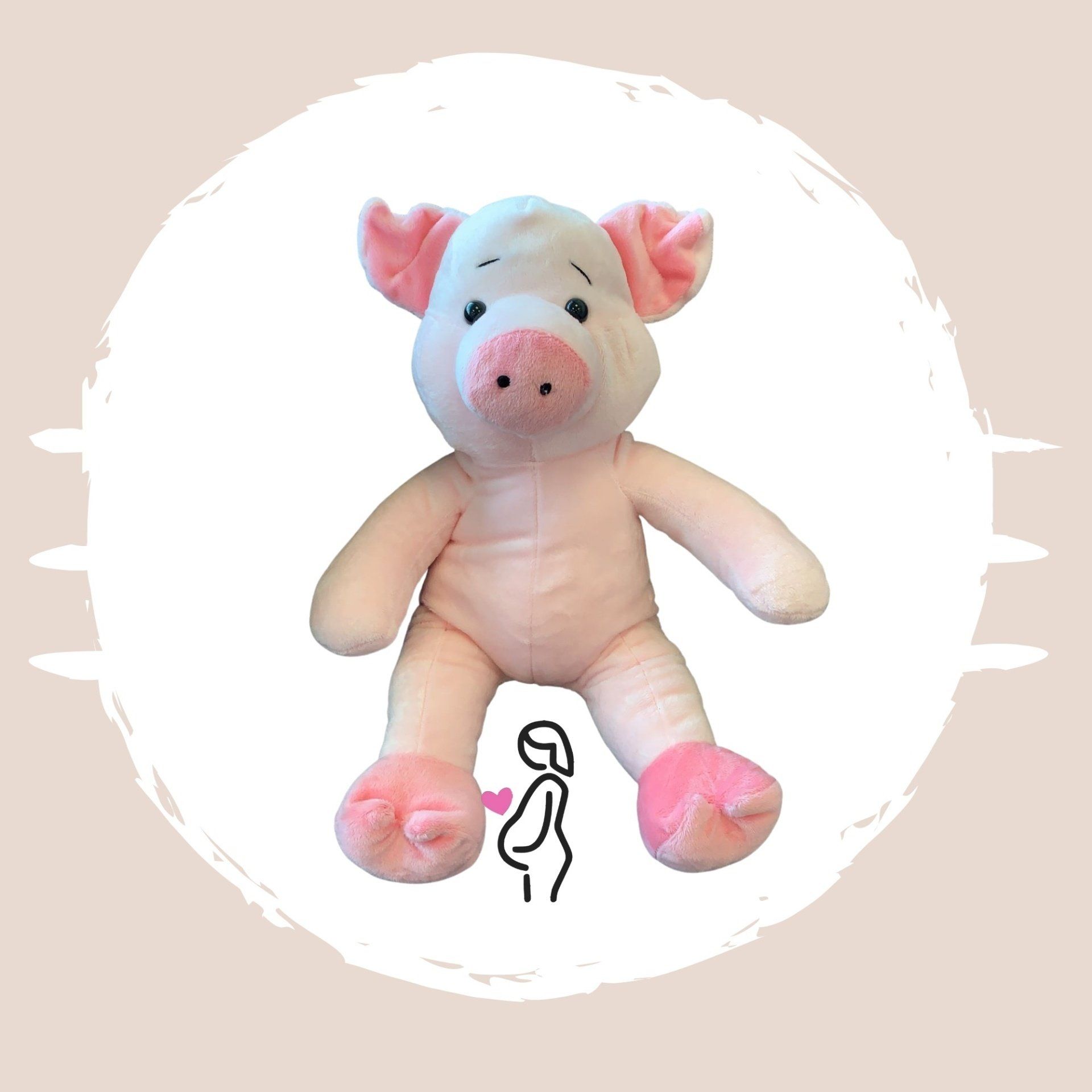 A pink stuffed pig is sitting in a circle on a white background.