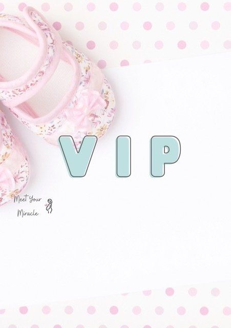 A pair of pink baby shoes with the word vip on a white background.