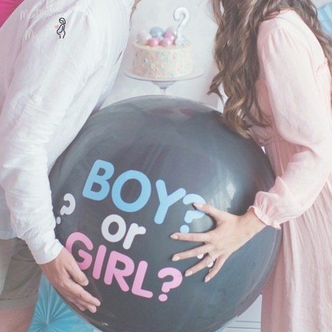 A man and woman holding a balloon that says boy or girl