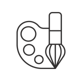 A line drawing of a palette and a brush.