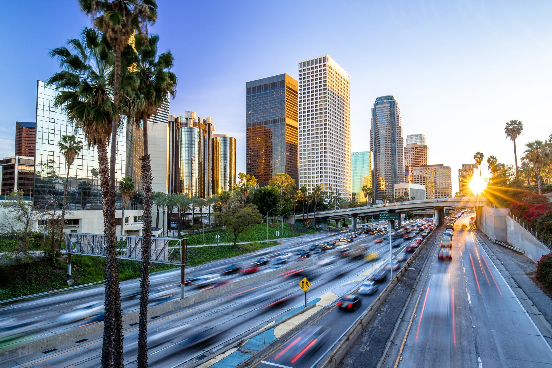 Los Angeles skyline with tall buildings, palm trees, and busy highway. Sun sets, casting golden light.