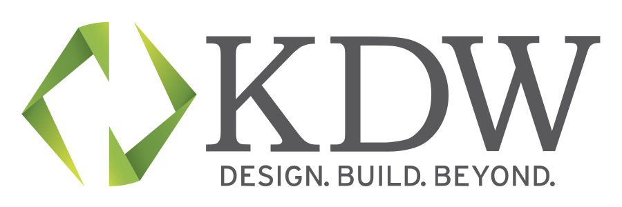 KDW logo with a green geometric design above the gray text 