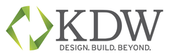 KDW logo with a green geometric design above the gray text 