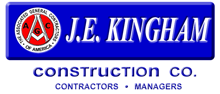 Logo of J.E. Kingham Construction Co. with Associated General Contractors seal on blue background.