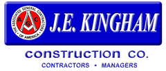 Logo of J.E. Kingham Construction Co. with Associated General Contractors seal on blue background.