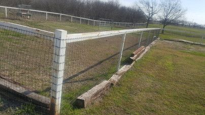 A white fence surrounds a grassy field with trees in the background.
