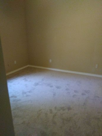 An empty room with a carpeted floor and tan walls.