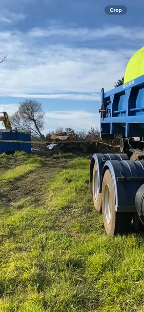 A blue dump truck is driving through a grassy field.