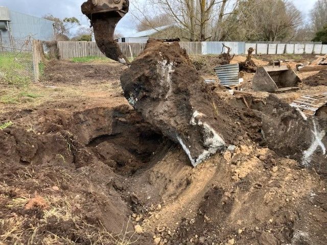 A giraffe is laying in the dirt in a field.