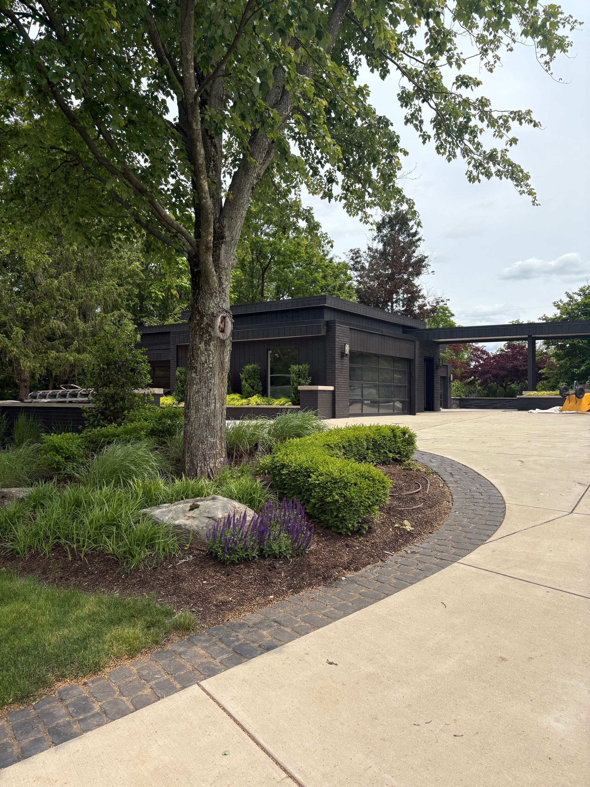 A house with a large driveway and a tree in front of it.