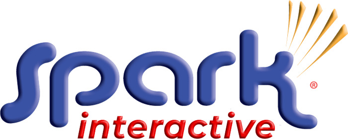 A blue and red logo for spark interactive
