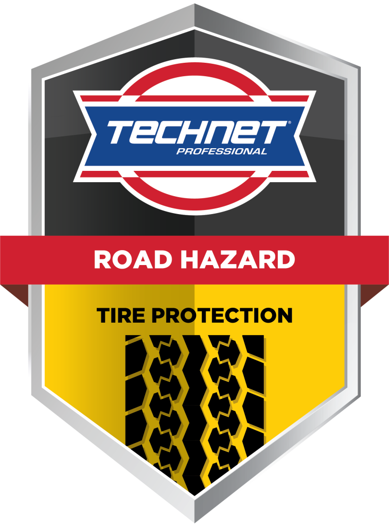 A shield with a tire on it that says `` road hazard tire protection ''.