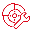 A red line icon of a wrench and a disc brake.