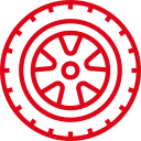 A red tire icon on a white background.