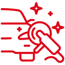 A red line icon of a person polishing a car.
