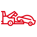 A red line drawing of a tow truck towing a car.