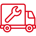 A red line icon of a truck with a wrench on the back.