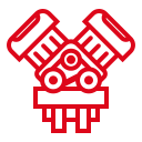 A red engine icon on a white background.