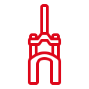 A red icon of a bicycle fork on a white background.