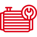 A red and white icon of a radiator with a wrench.