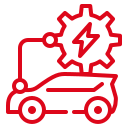 A red line icon of a car with a gear and a lightning bolt attached to it.