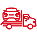 A red tow truck with a car on the back of it.