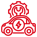 A red icon of a car with a wrench and a lightning bolt.