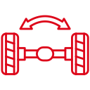 A red line drawing of a rear axle with two arrows pointing in opposite directions.