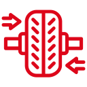 A red icon of a tire with arrows pointing in different directions.