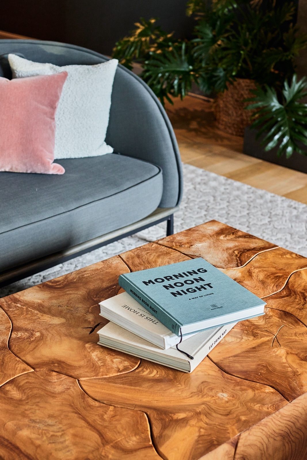 Coffee table with books, gray sofa with pink and white pillows, and potted plants.