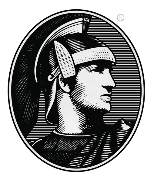 Black-and-white profile illustration of a helmeted figure in a circular frame