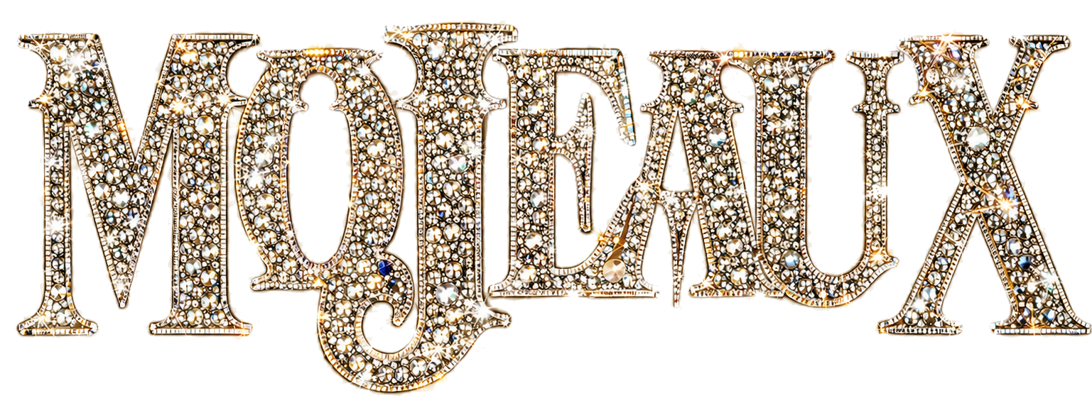 Sparkly gold stylized “MODAUX” text on a white background