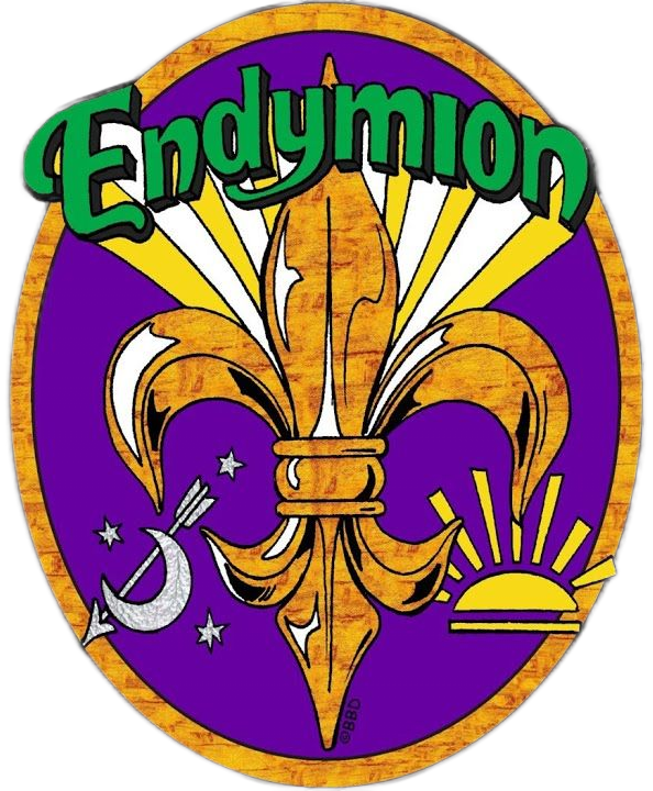 Purple and gold Endymion emblem with fleur-de-lis, crescent moon, and stars