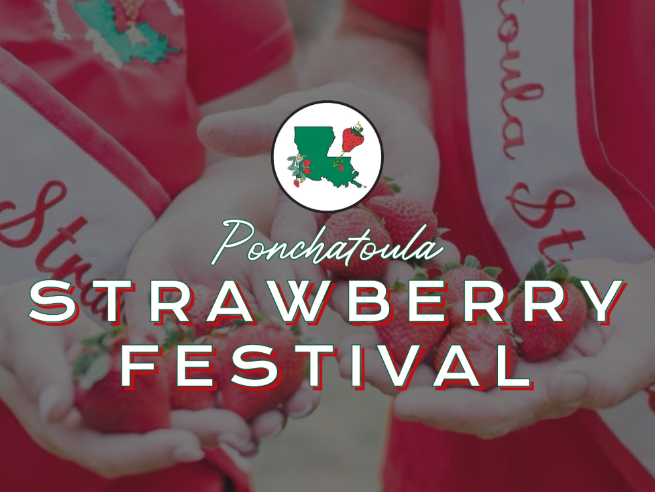 Hands holding strawberries with text “Strawberry Festival” over a red background.