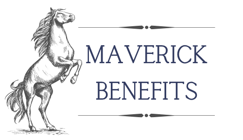 A rearing horse drawing next to "MAVERICK BENEFITS" in dark blue.