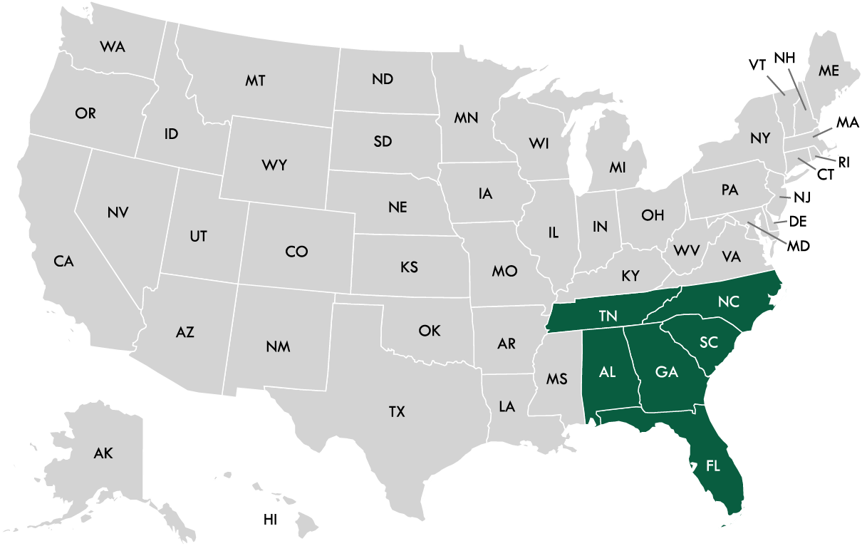 Map of the United States with the Southeastern states highlighted in dark green.