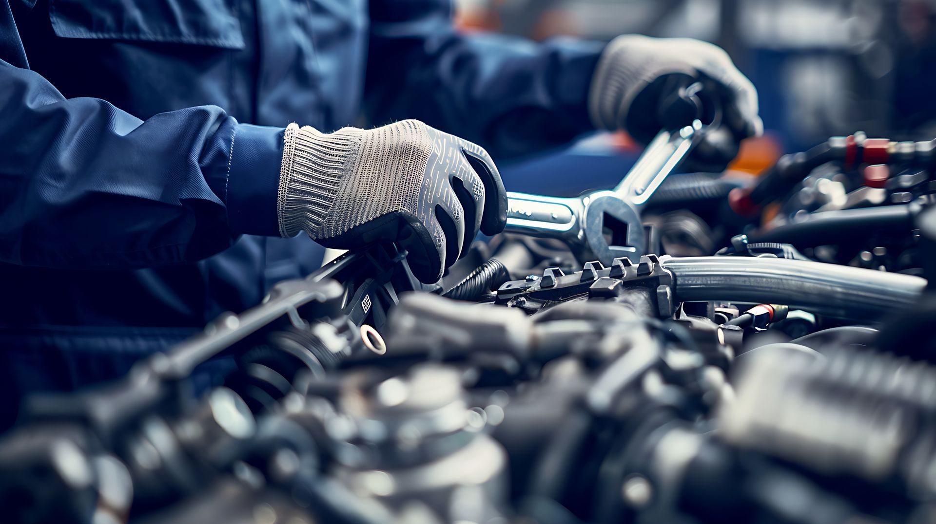 Two mechanics are working on a car engine in a garage.