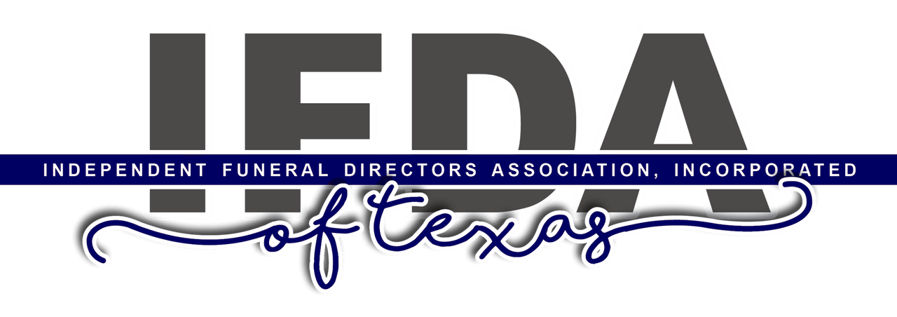 Logo for Independent Funeral Directors Association of Texas. IEDA in gray block letters, with text and a stylized 