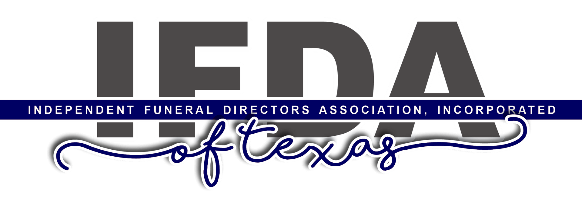 Logo for Independent Funeral Directors Association of Texas. IEDA in gray block letters, with text and a stylized 
