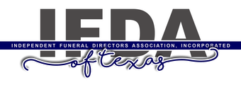 Logo for Independent Funeral Directors Association of Texas. IEDA in gray block letters, with text and a stylized 
