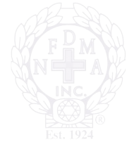 FDM+A Inc. logo in light gray with laurel wreath, cross, and 