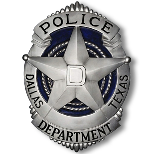 Dallas Police Department badge with silver star and blue center.