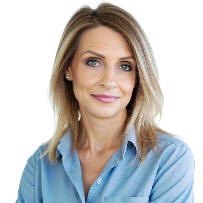 Carolyn Stefanik. Woman with blonde hair, wearing a blue button-down shirt, smiling at the camera.