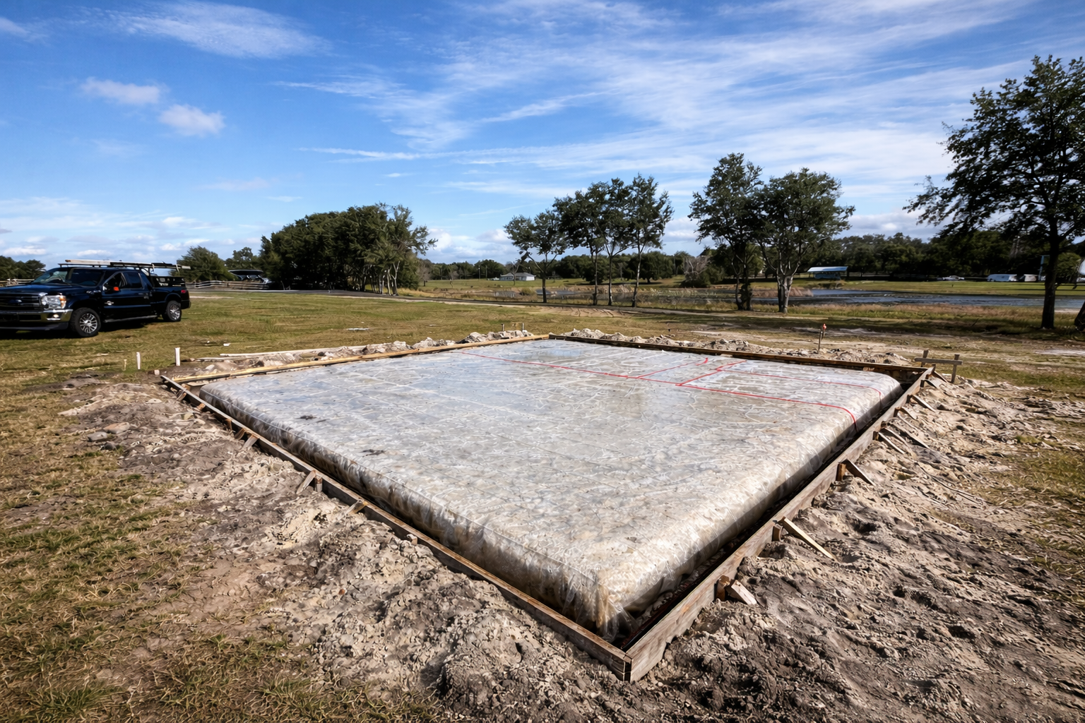 A square concrete foundation with wooden frame, set in dirt, trees and blue sky background.