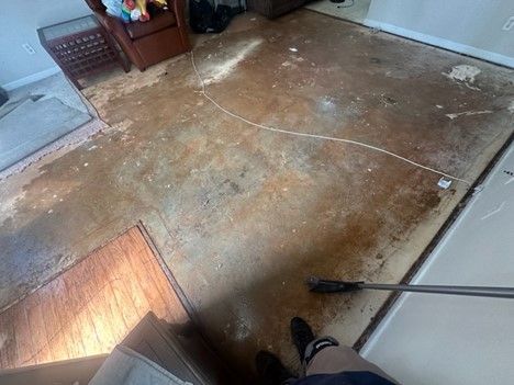 A person is standing on a dirty floor in a living room.